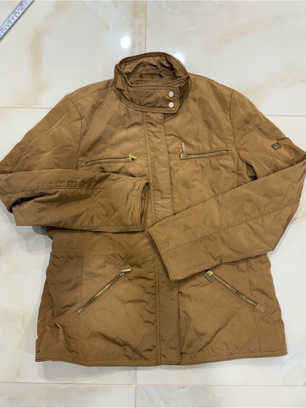 Zara Quilted Light Brown Jacket with Stand Collar